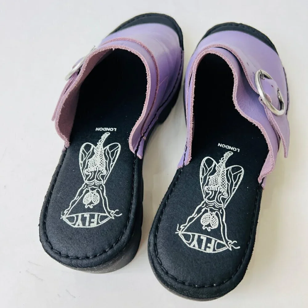 Fly London Leather chunky heels sandals, Eple Violet, Size 40